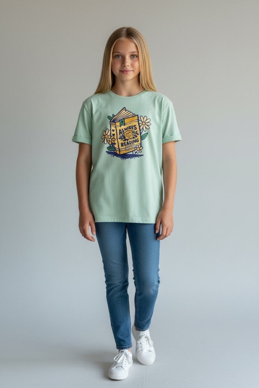 Old Navy Girls L 10-12 Green Always Reading Book Graphic T-Shirt Floral Tee